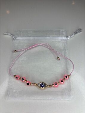 Evil Eye Beaded Adjustable Bracelet - Pink